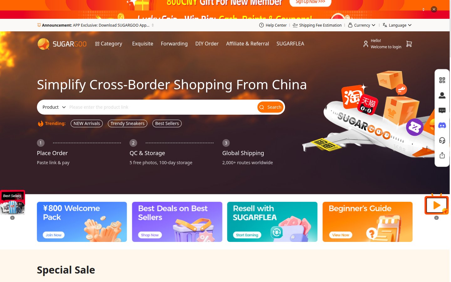 Official SugarGoo homepage: orange wordmark, paste bar and three steps Place Orders, Submit Parcels, Sign Delivery